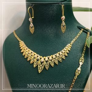 سرویس طلا مدل امپراطور (برگ بادامی/سنگ اتمی) – وزن کل ۹.۸۷۰ گرم
